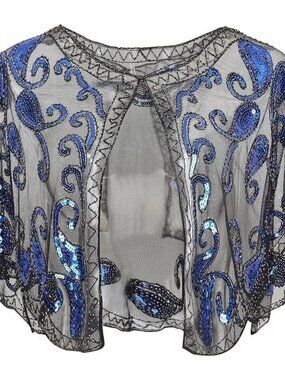Babeyond 1920s Shawl Wraps Beaded Evening Cape Bridal Shawl Cover Up-Blue\Black